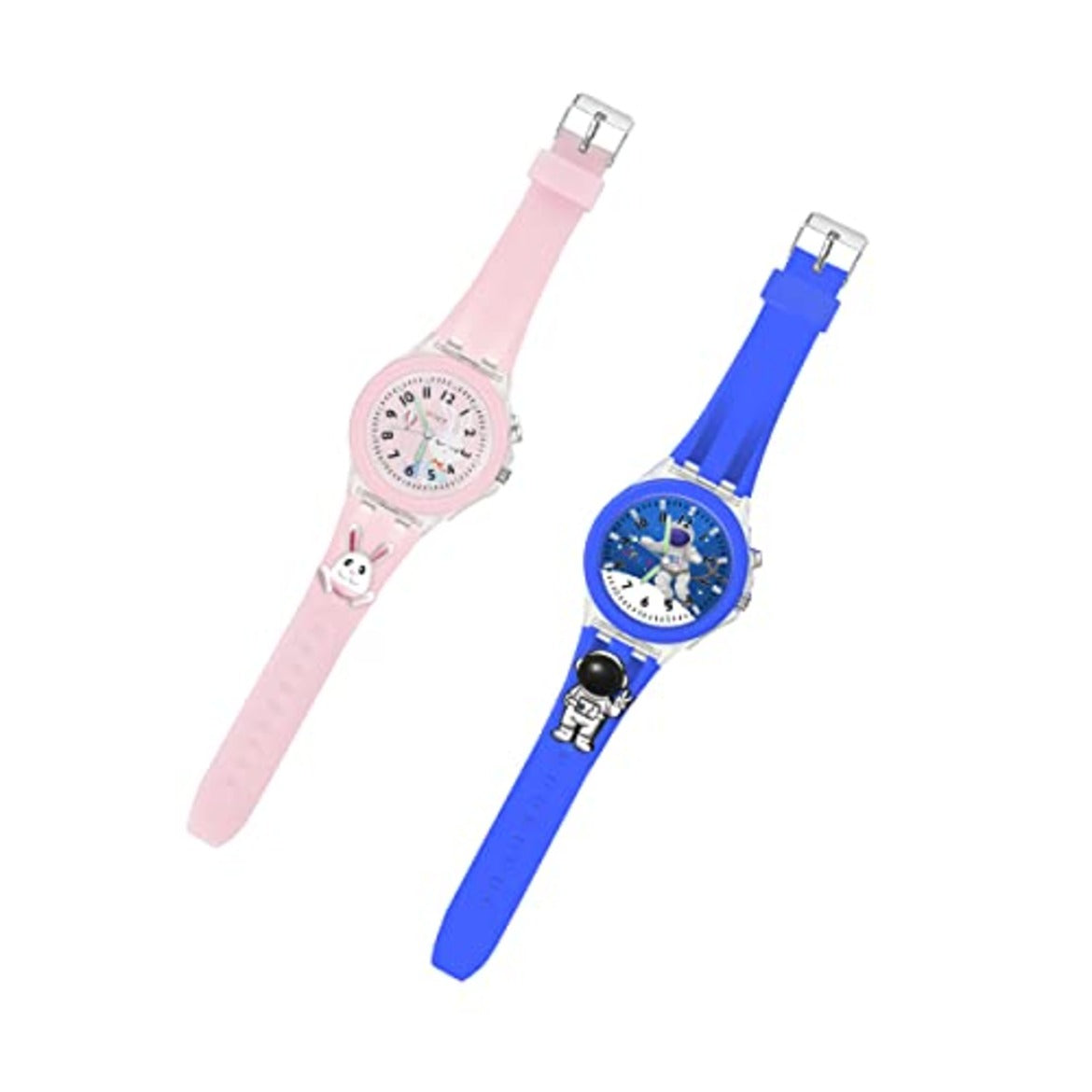 Spiky 3D Astronaut & Rabbit Cartoon Analog Light Watch Combo - Blue & Pink