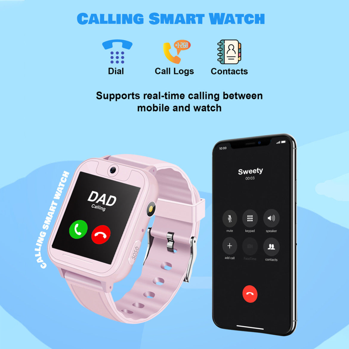 Spiky Calling SOS Cameras Multifunction LBS location Tracking Smartwatch - Pink