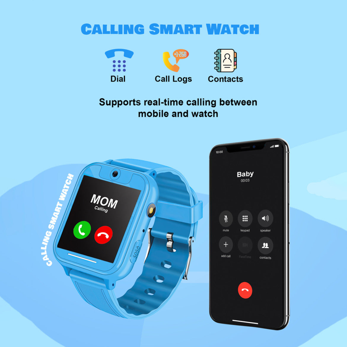 Spiky Calling SOS Cameras Multifunction LBS location Tracking Smartwatch - Blue