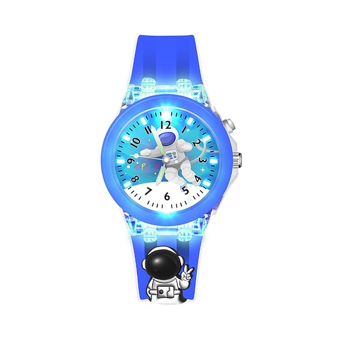 Spiky 3D Astronaut & Spaceship Cartoon Analog Light Watch Combo - Black & Blue