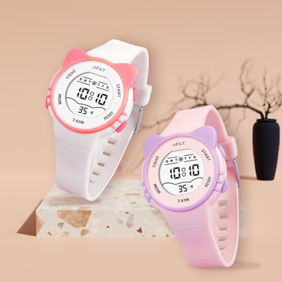 Spiky Cats-Ears Shaped Digital Kids Watches Combo - White & Pink