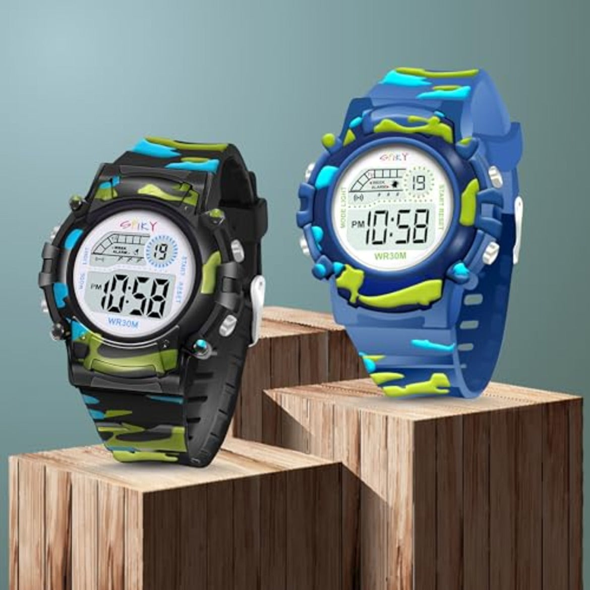 Spiky Round Military Design Kids Digital Watches Combo - Black & Blue