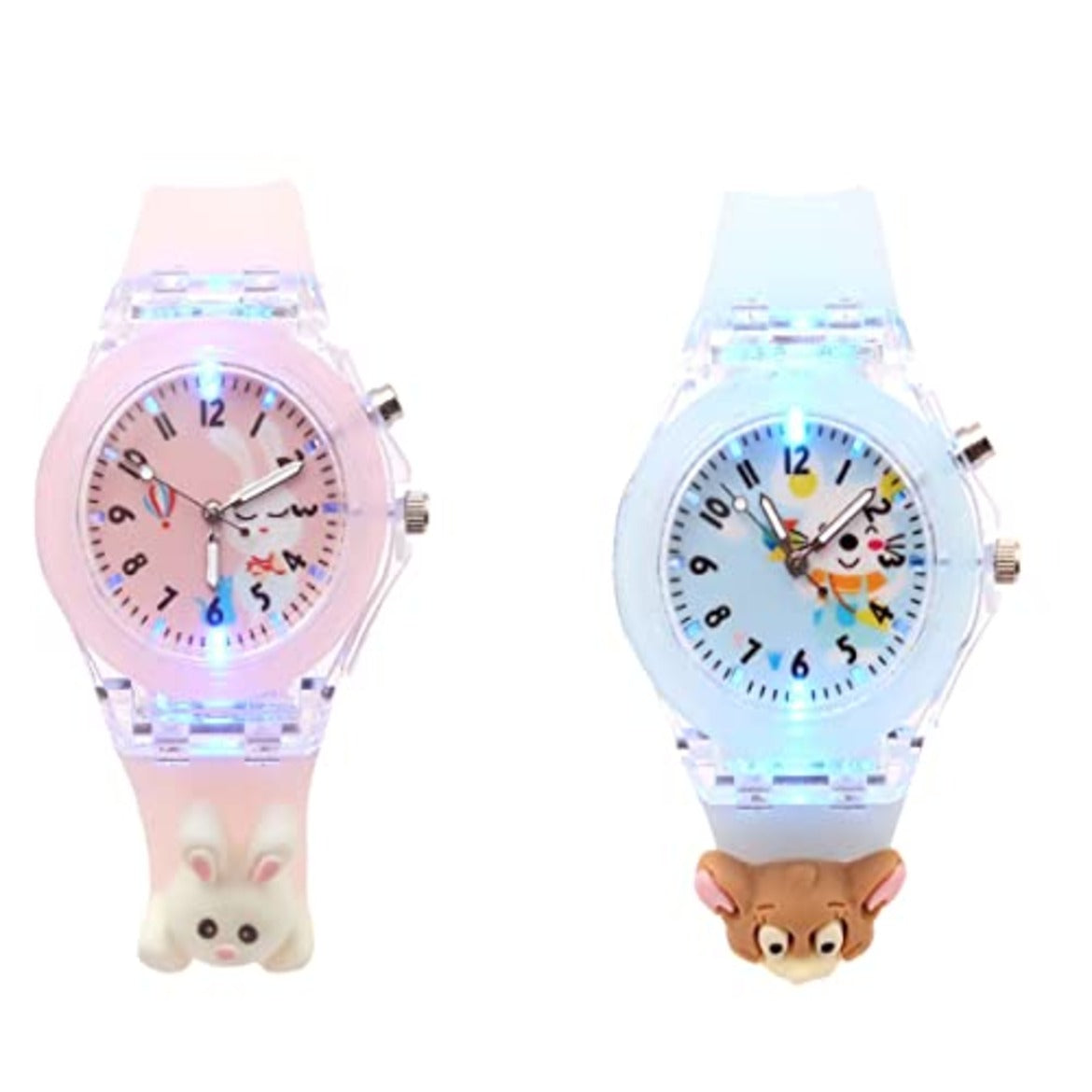 Spiky 3D Monkey & Rabbit Cartoon Analog Light Watch Combo - Pink & Blue