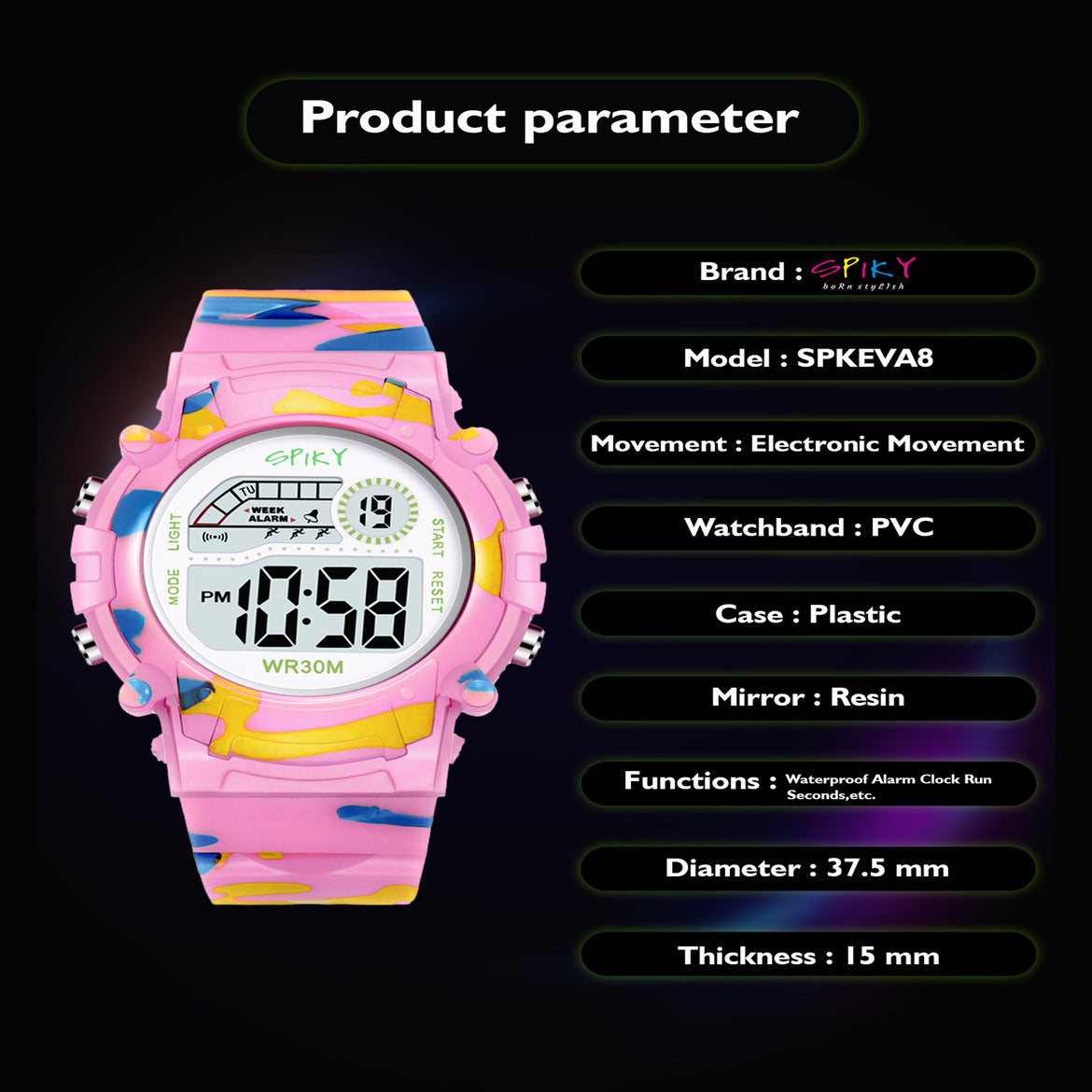 Spiky Military Digital Sports Watch - Pink